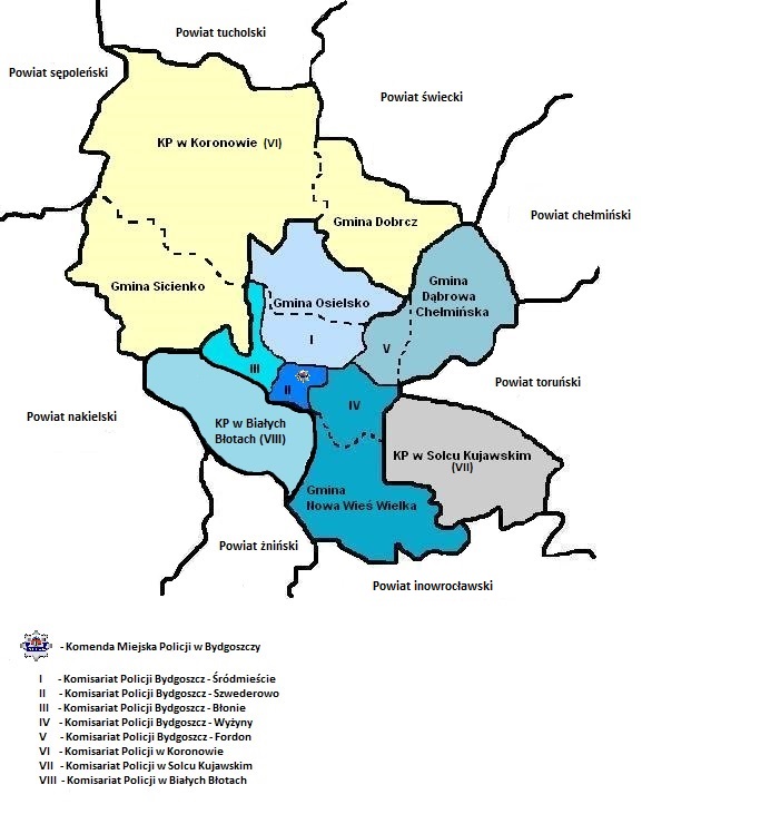 Mapka przedstawiająca zasięg terytorialny Komendy Miejskiej Policji w Bydgoszczy